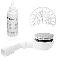 Set AQUABAD® para plato de ducha: juego de desagüe extraplano en cromo con Ø 90 mm + sifón curvo + colector de cabellos…